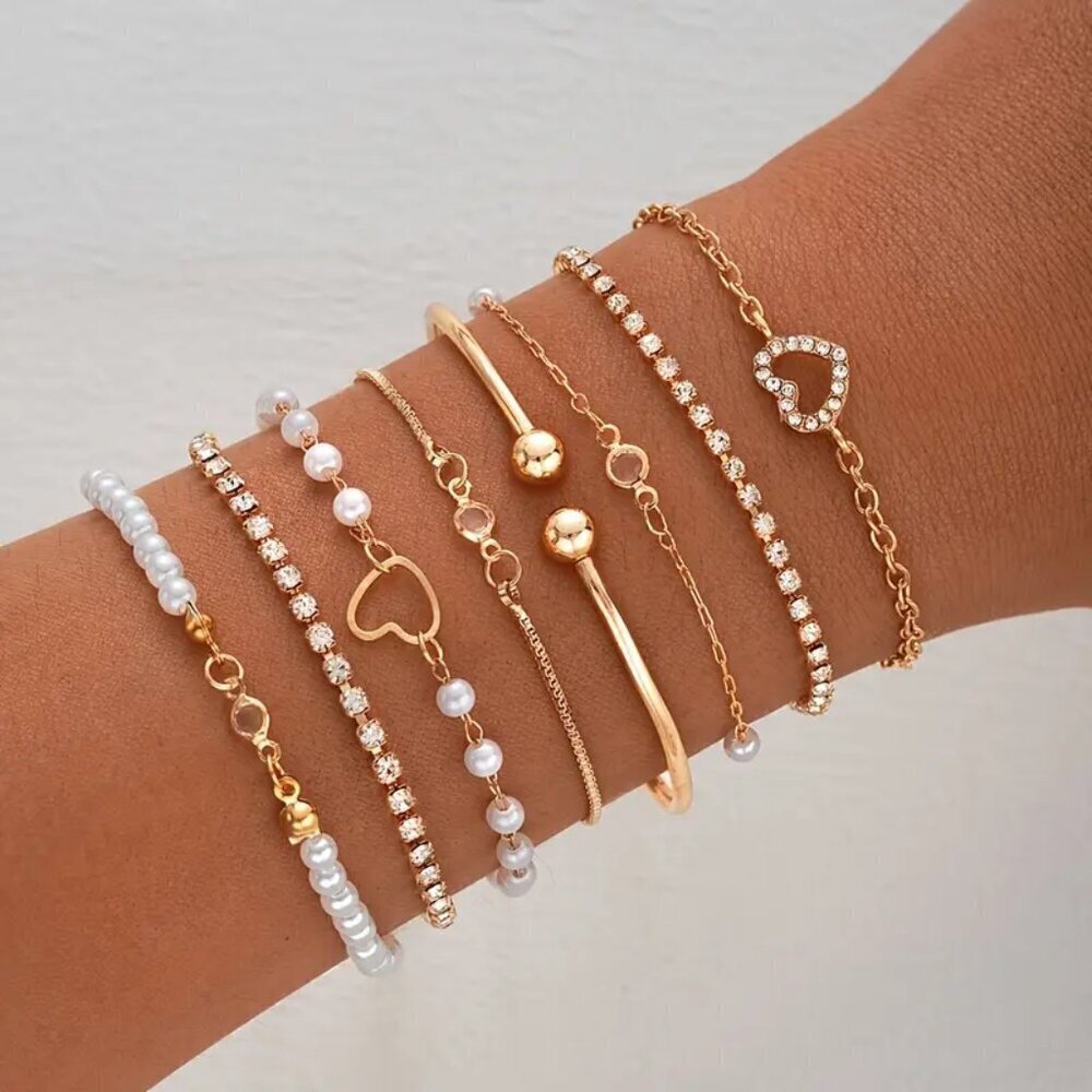 NEW Set of 8 fashion bracelets, open cuff bangle, pearl and gold jewelry, anklet